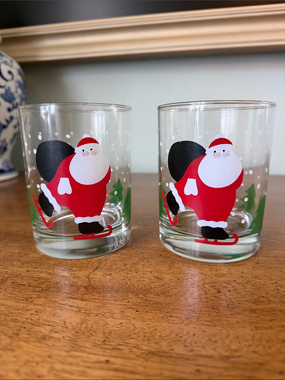 Vintage Christmas Crate and Barrel "Ice Skating Santa" holiday lowball glasses
